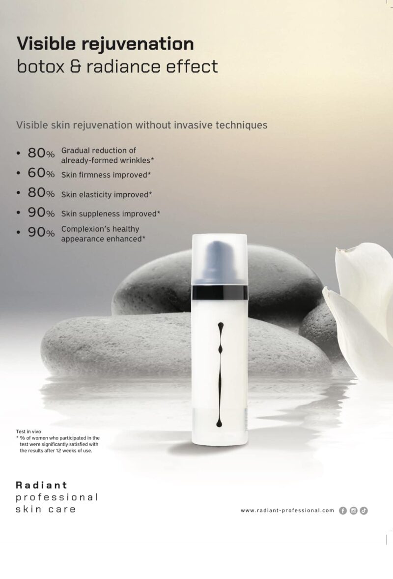 Et flaske RADIANT PROFESSIONAL - Visible Rejuvenation Botox & Radiance Effect serum med strålende sollys, der glitrer på flaskens overflade. Produktet lover synlig foryngelse og en strålende effekt. Et symbol på skønhed og pleje