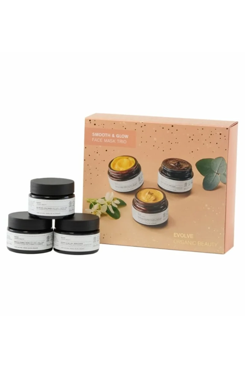 Evolve Smooth and Glow Kit – luksuriøst hudplejesæt til pleje, fugt og glød med naturlige ingredienser.