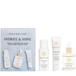 Få glans og fugt med Innersense Hydrate and Shine Kit. Shampoo, balsam og leave-in til tørt og kruset hår. Økologisk og vegansk. Køb hos Frisør Christian Montez.